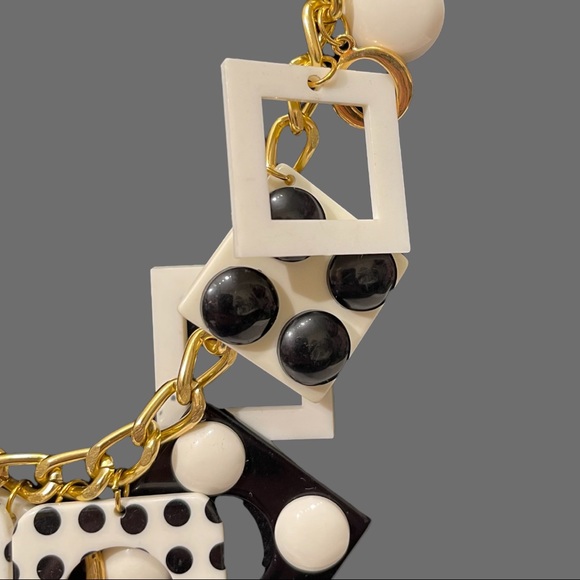 Vintage Statement Geometric Black and White Shapes Gold Tone Necklace 26” Length - Picture 2 of 5